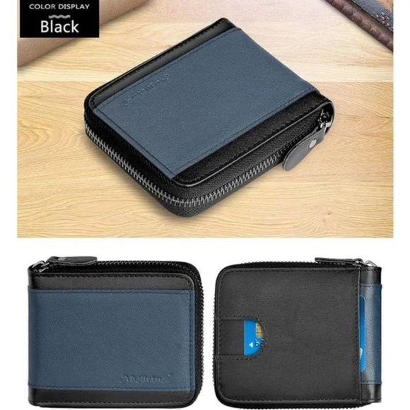 New Men's Genuine Leather Short Zip-around Bifold Wallet - Picture 2 of 7